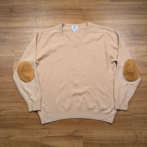 J Press 100% Wool V Neck Sweater Mens Sz M Beige Elbow Patch Made Ireland